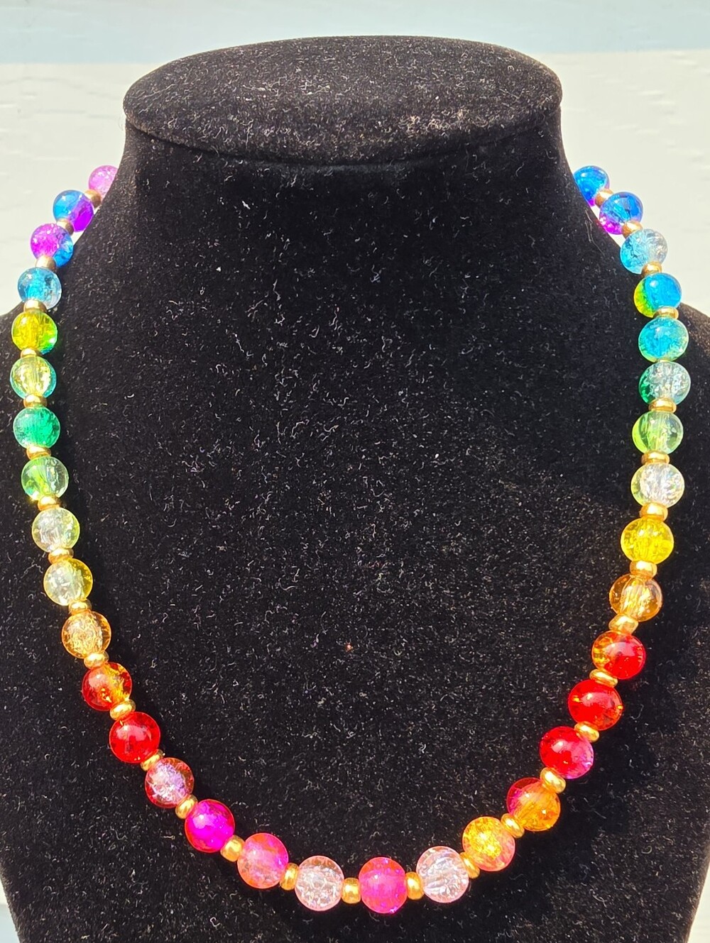Rainbow Crackle Glass Bead Necklace | Gold Tone Clasp